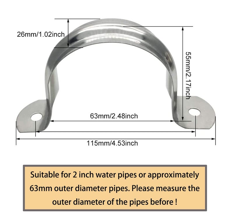 ZLYY 2inch Two Hole Strap U Bracket Stainless Steel Tube Strap Tension Clip Assortment Kit Heavy Duty Rigid Pipe Strap Clamp For The Inner Diameter of Water Pipe is 2inch 10Pcs (63mm) - Image 4